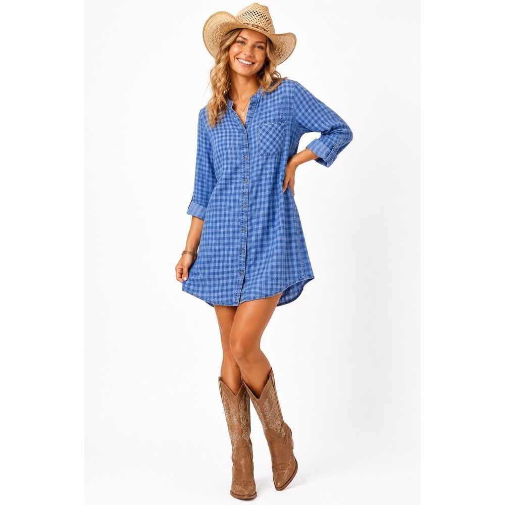 J. Jill Denim Lyocell Gingham Shirt Dress Tunic Blue Large Americana‎ Western